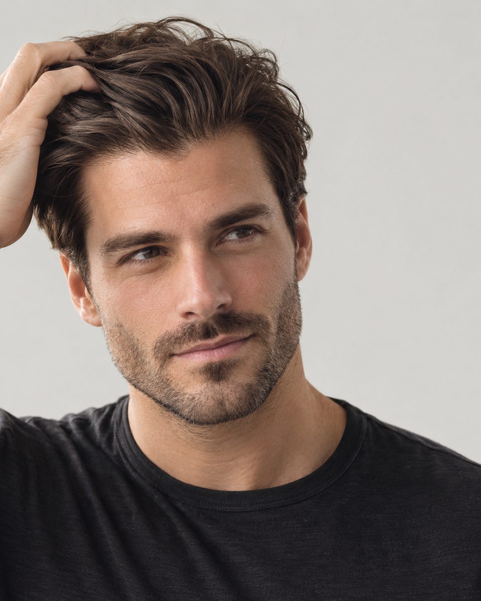 Homme aux cheveux pleins, la main dans les cheveux